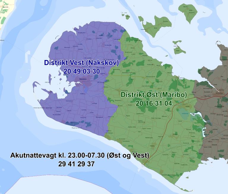 Et kort over Lolland Kommune delt op i distrikt vest Nakskov og øst Maribo.