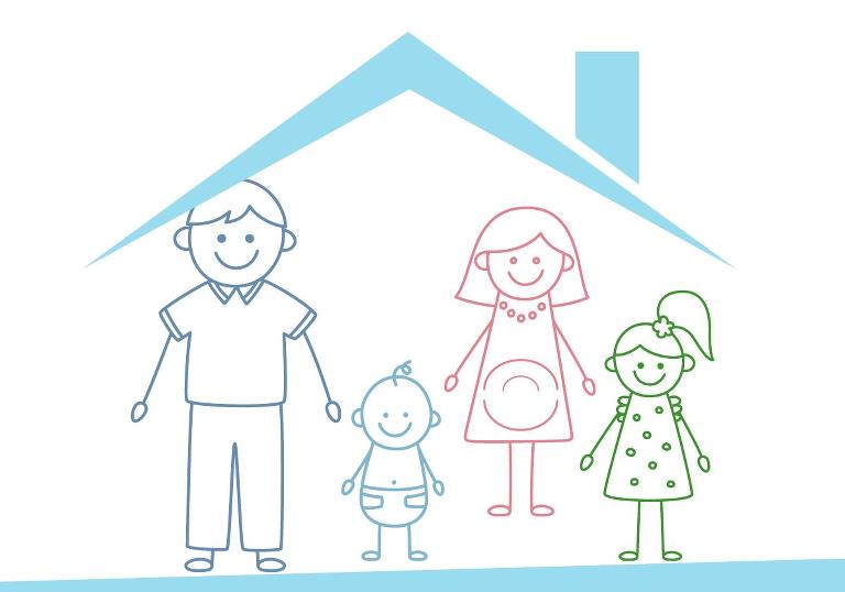 Illustration af far, mor og to børn i et hus. Familiens Hus, Lolland Kommune
