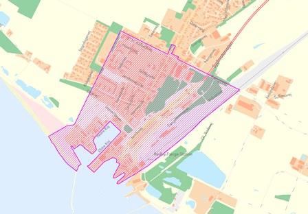 Oversigtskort over Rødbyhavn, hvor områdefornyelsens afgrænsning er markeret 