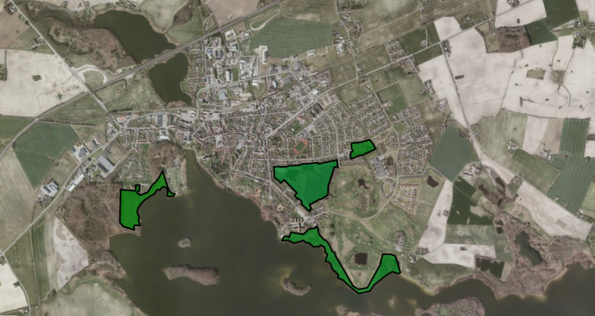 Oversigtskort som viser Maribo by. Der er lavet fire grønne markeringer hvor der er græssende dyr tilknyttet