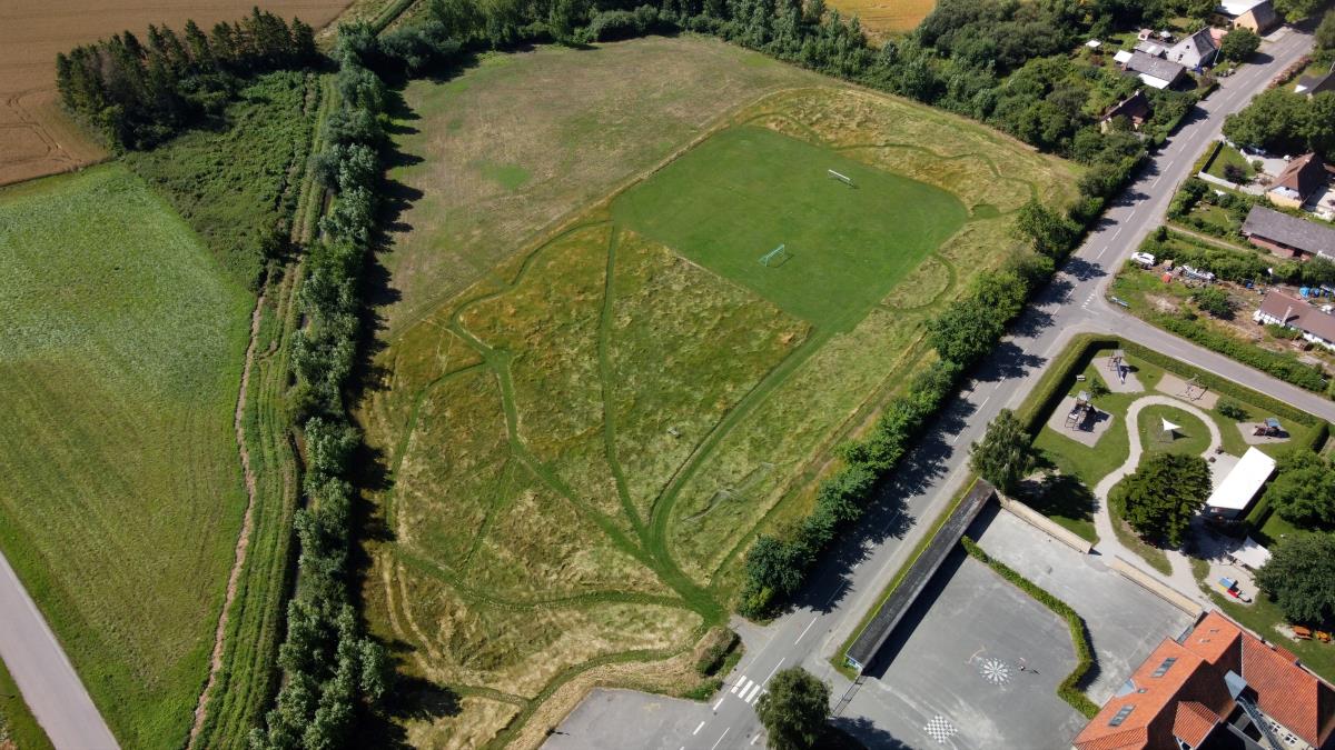 Et drone billede af hele det store område, hvor man kan fornemme hele den klippede labyrint i det høje græs.